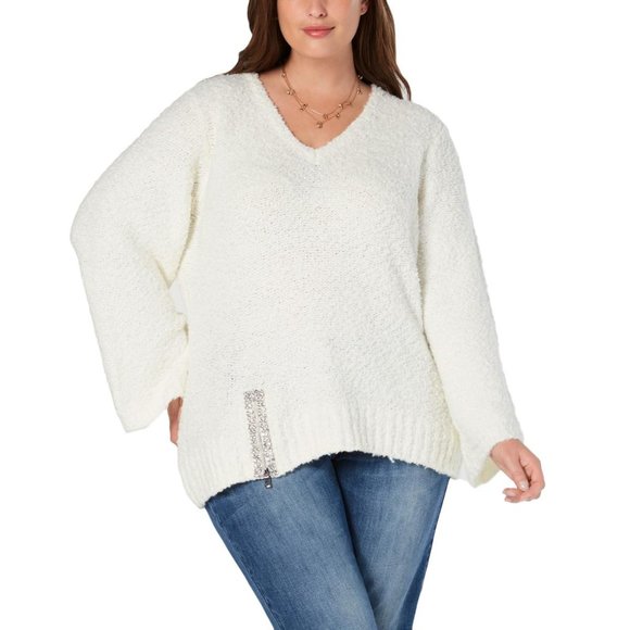 INC International Concepts Sweaters - INC Winter White Embellished Zipper V-Neck Sweater